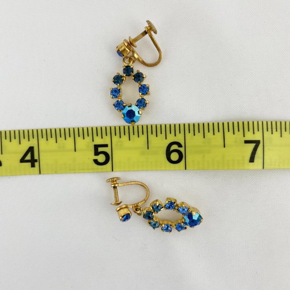 Blue Rhinestone Gold Tone Dangle Screw Back Earrings - Picture 6 of 6